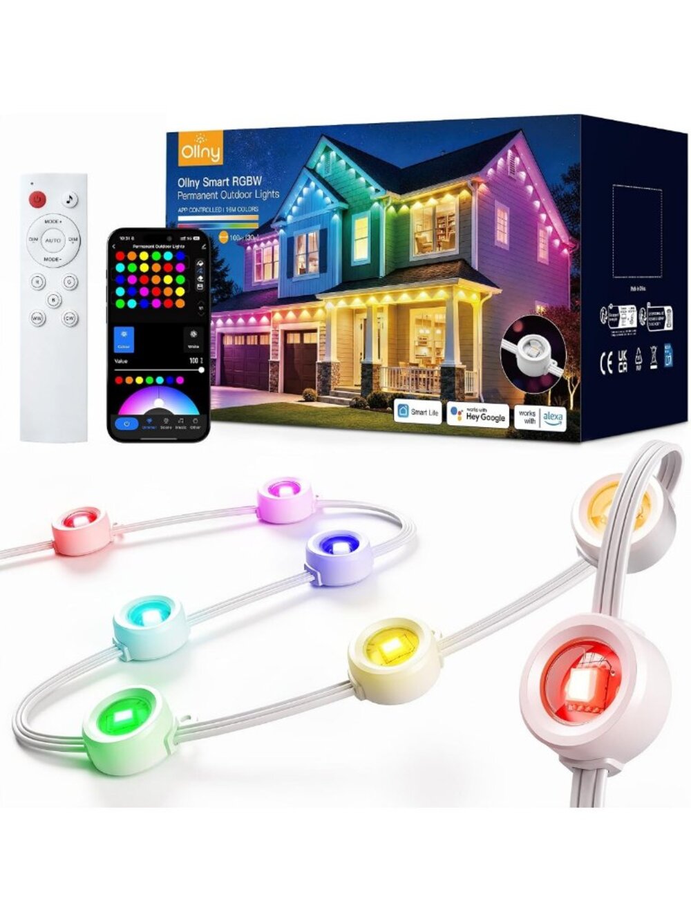 50FT RGBW Permanent Outdoor String Lights, 30 LED, App-Controlled, Waterproof